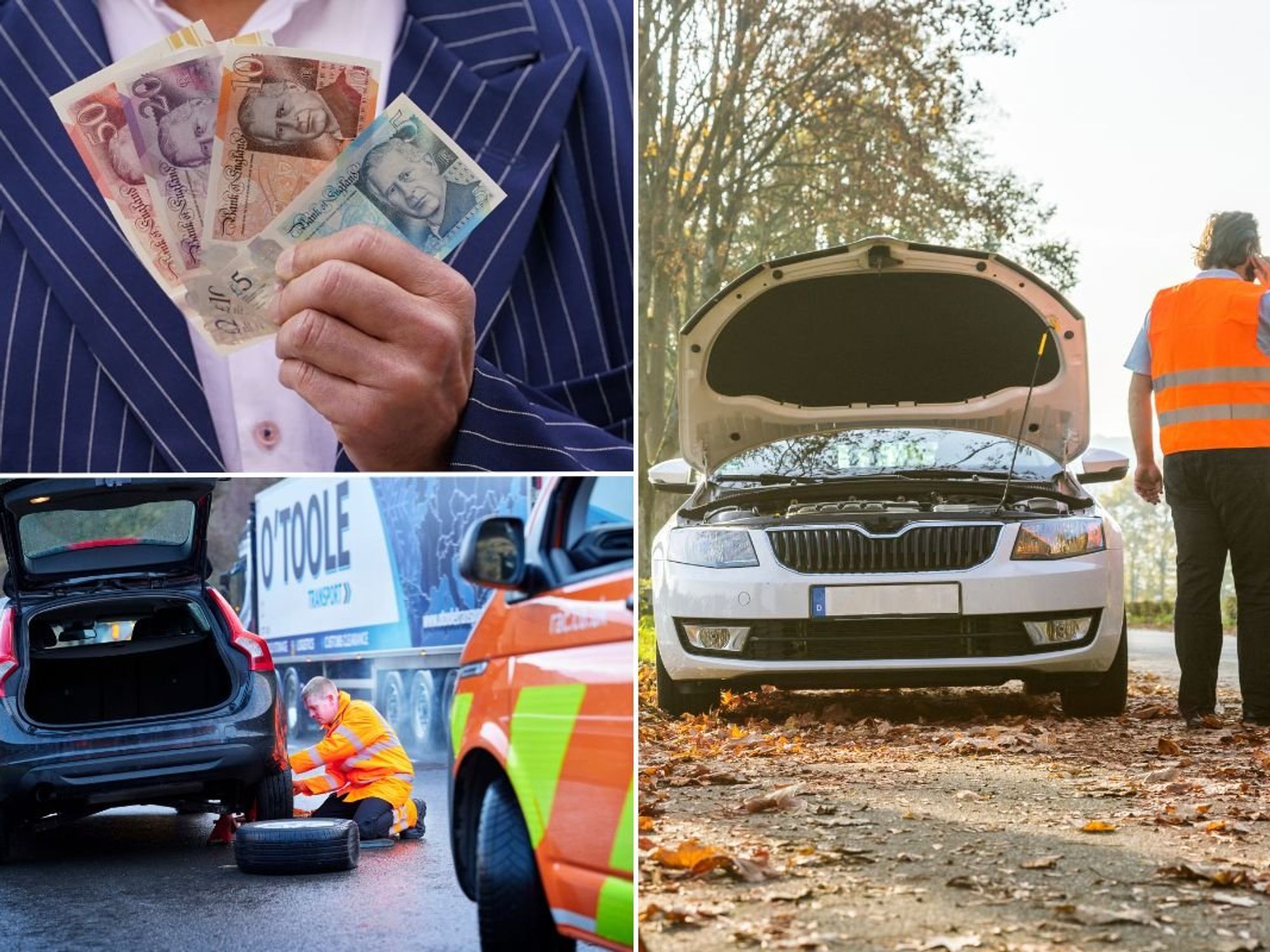 Man holding cash and two broken down cars
