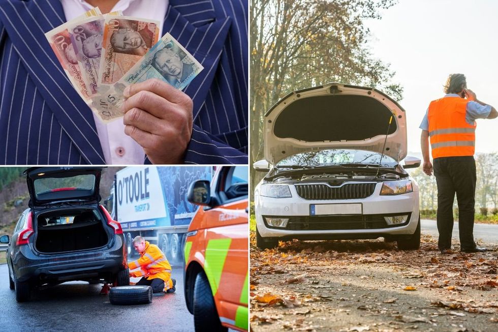 Man holding cash and two broken down cars