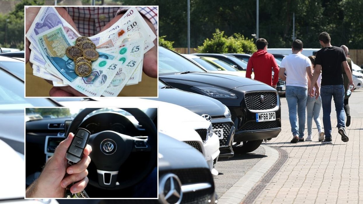 Man holding money, people walking around a car forecourt and a man holding a car key