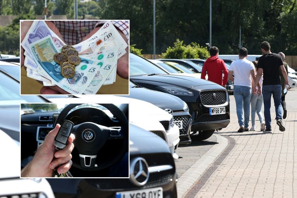 Man holding money, people walking around a car forecourt and a man holding a car key