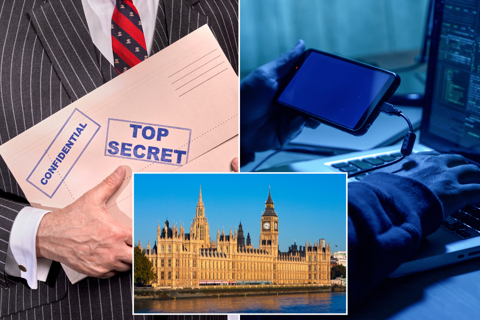 Man holding top secret file, cyber hacker, Houses of Parliament