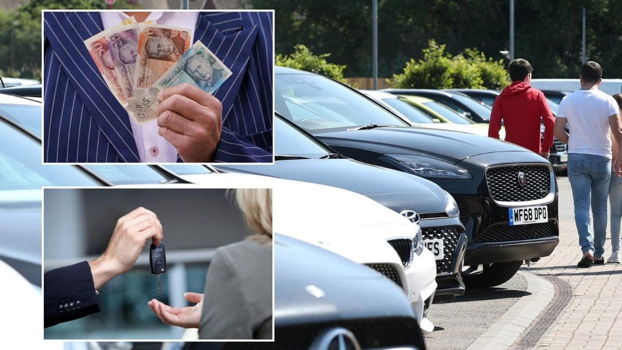 Man holding UK money, a car dealership and a set of car keys