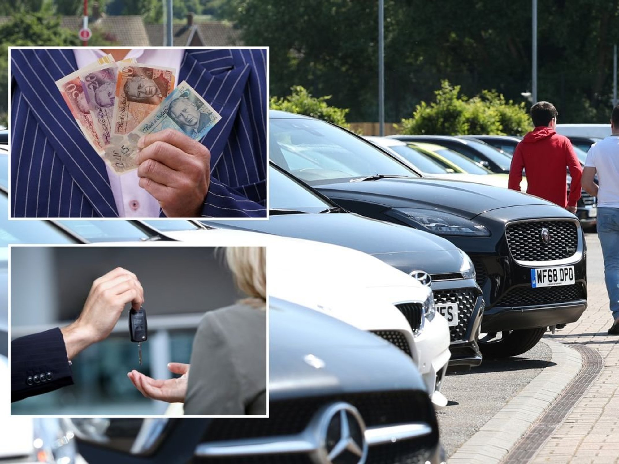 Man holding UK money, a car dealership and a set of car keys