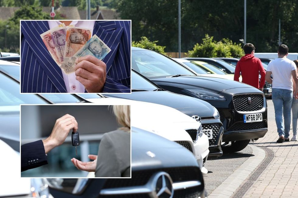 Man holding UK money, a car dealership and a set of car keys