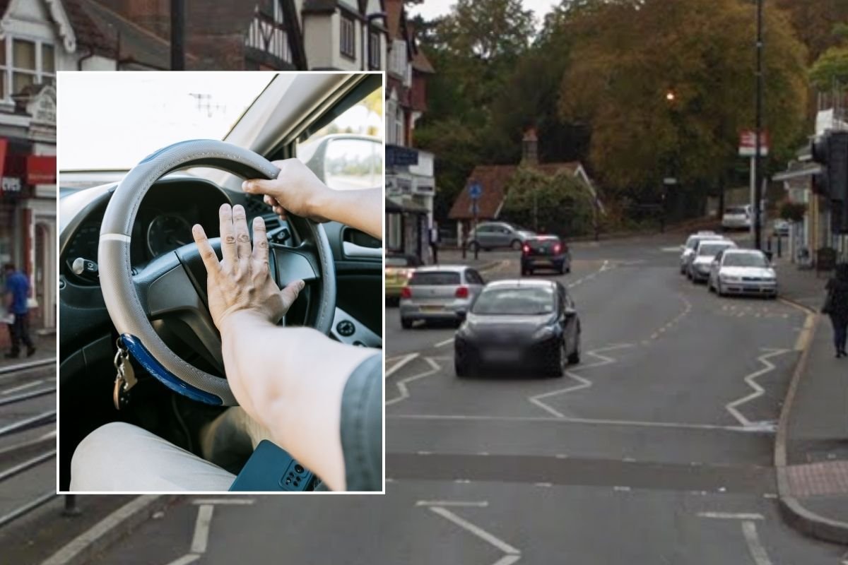 Man honking a car horn and Caterham Valley town centre