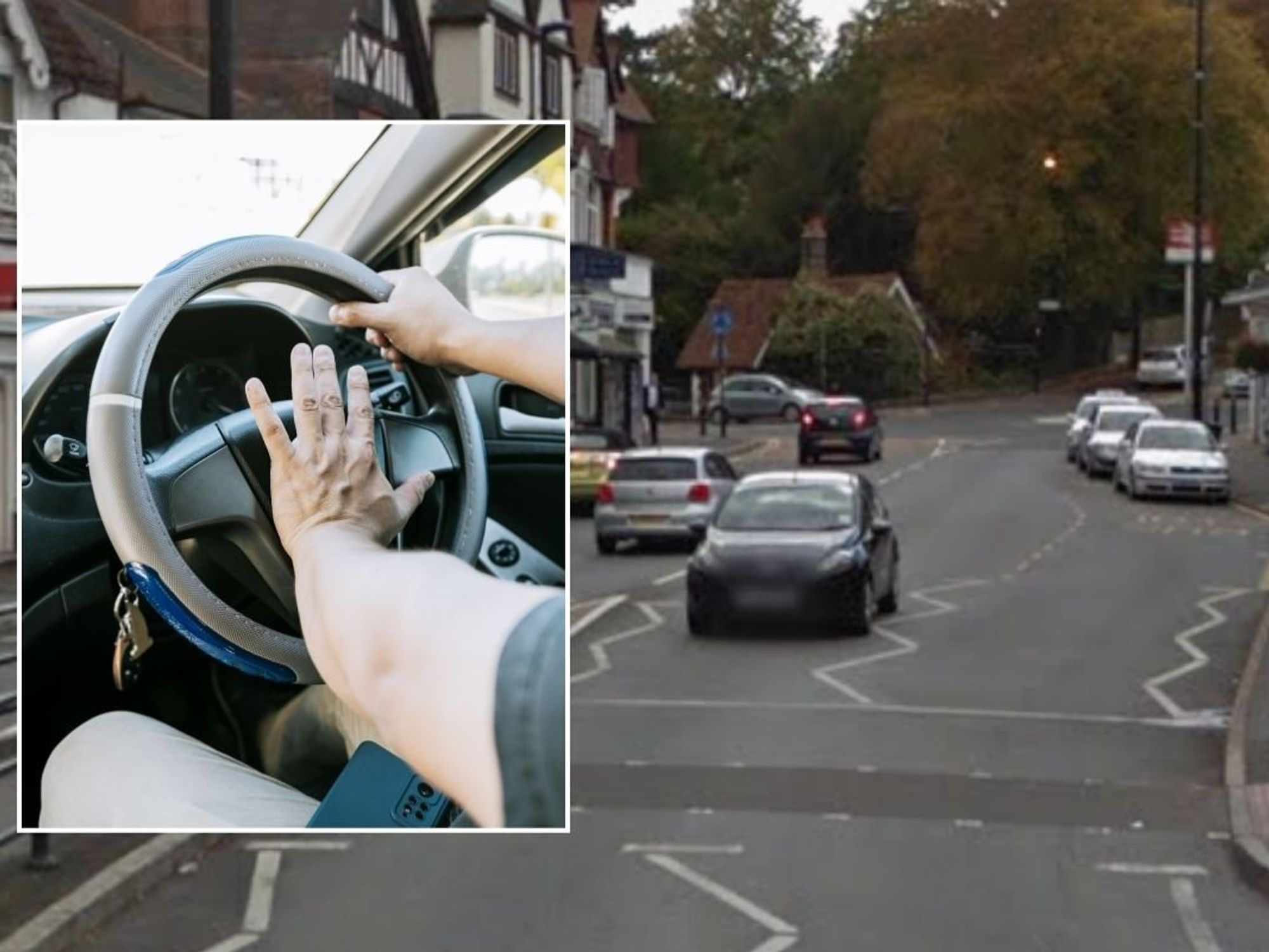 Man honking a car horn and Caterham Valley town centre