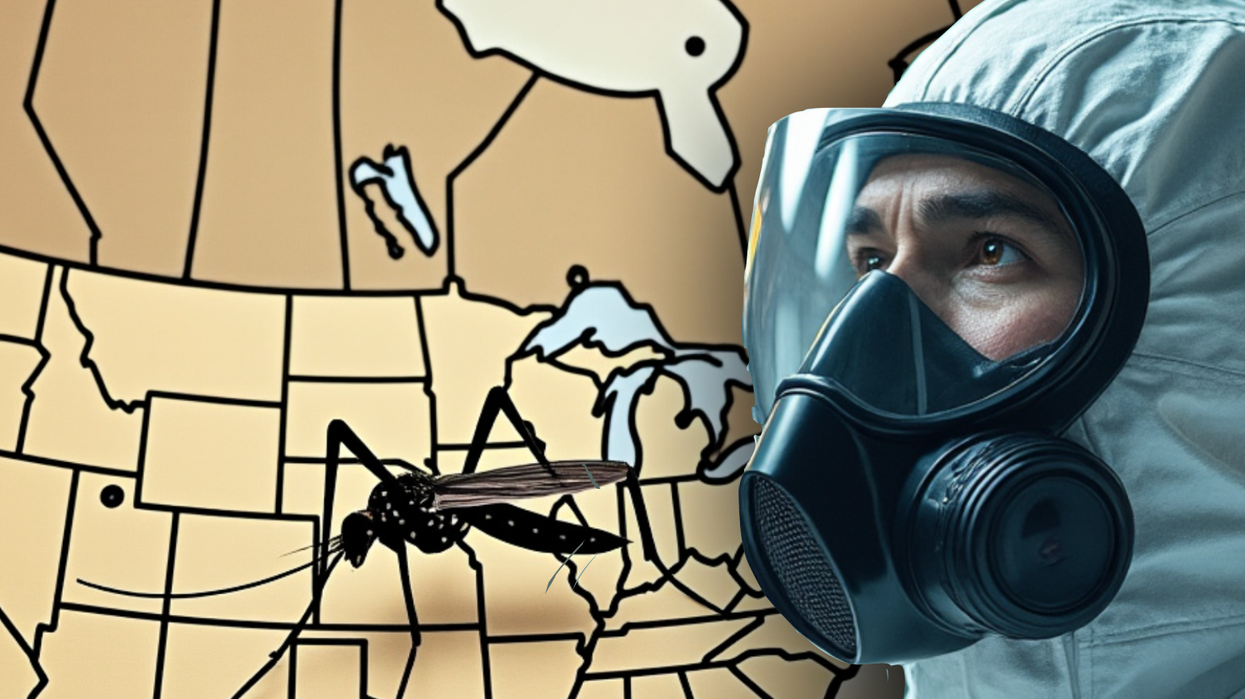 Man in a hazmat suit next to a mosquito on a map of America