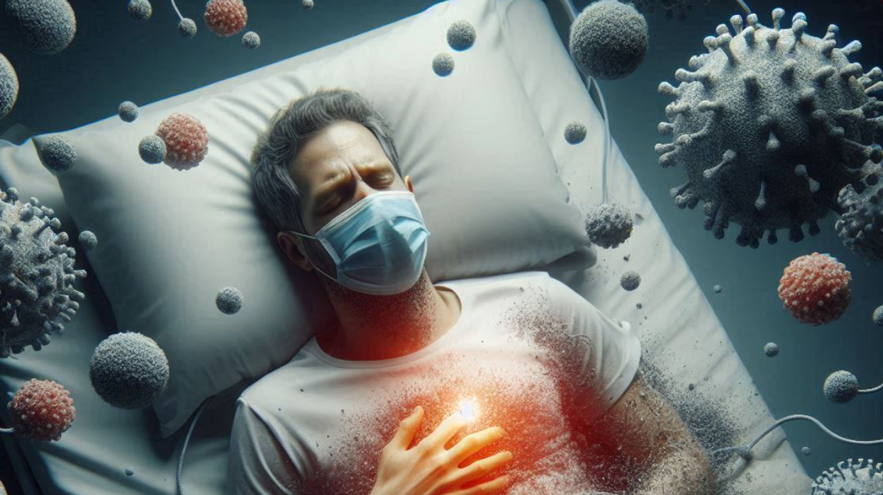 Man in a hospital bed surrounded by Covid particles