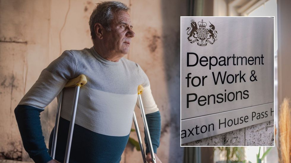 Man in crutches and DWP sign