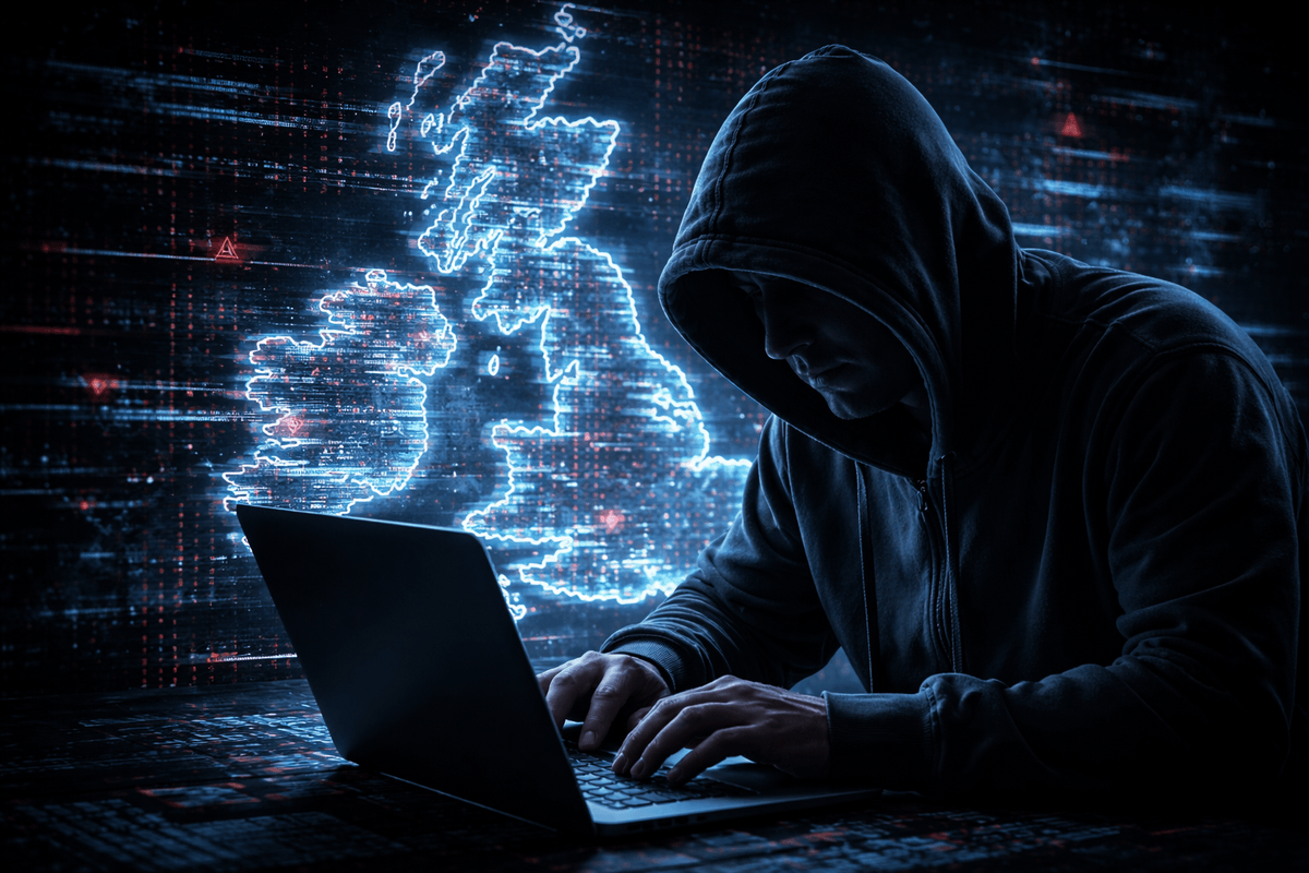 Man in hoodie typing on laptop with map of UK in background