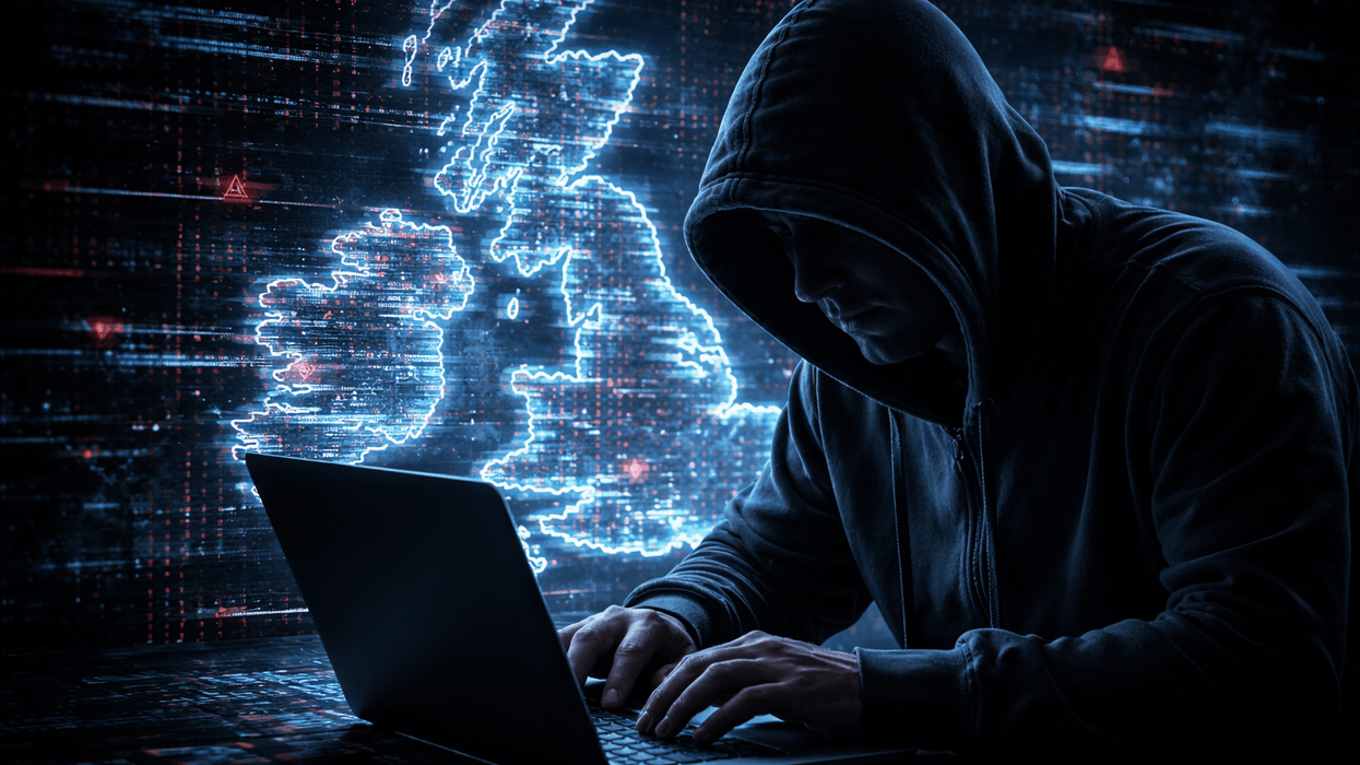 Man in hoodie typing on laptop with map of UK in background