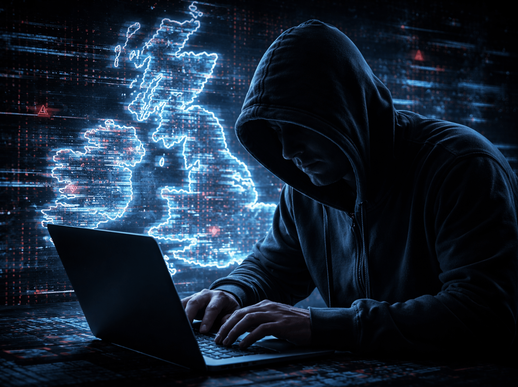 Man in hoodie typing on laptop with map of UK in background