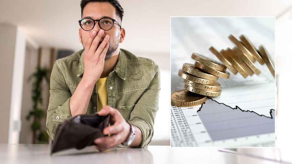Man in shock and British pounds on top of interest rate graph
