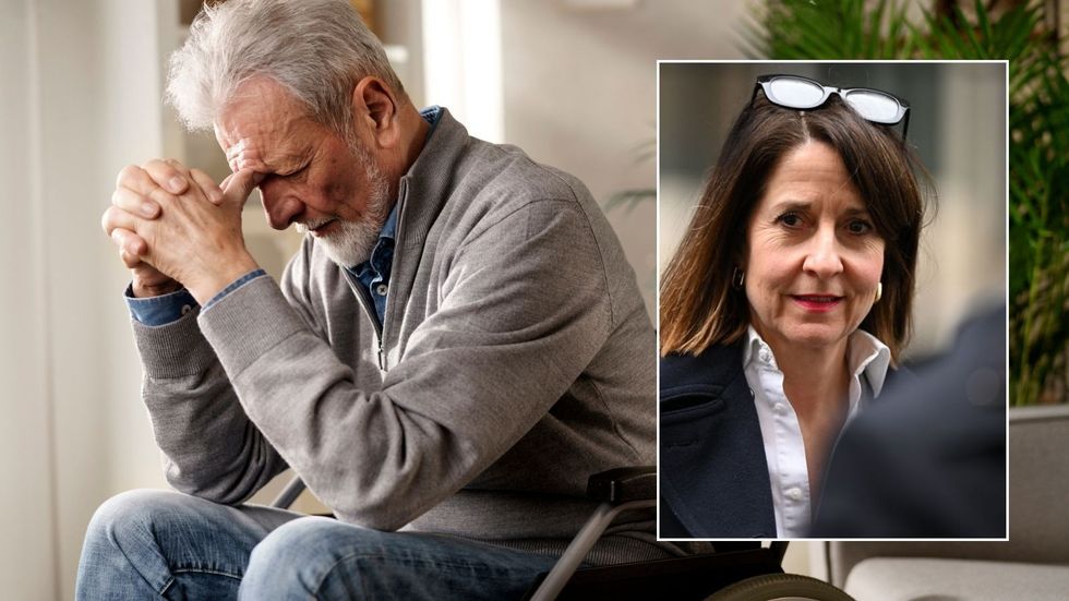 Man in wheelchair and Liz Kendall