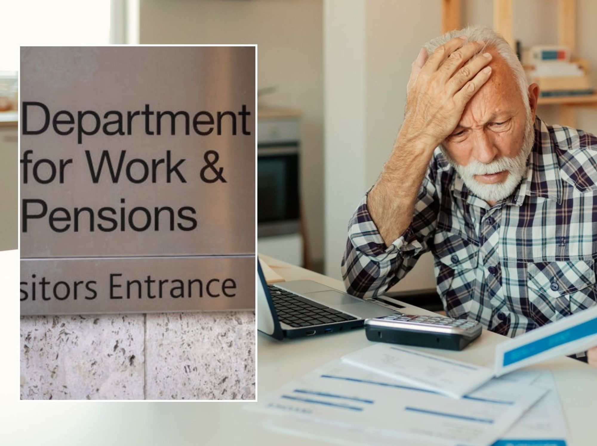 Man in wheelchair looking worried and DWP sign
