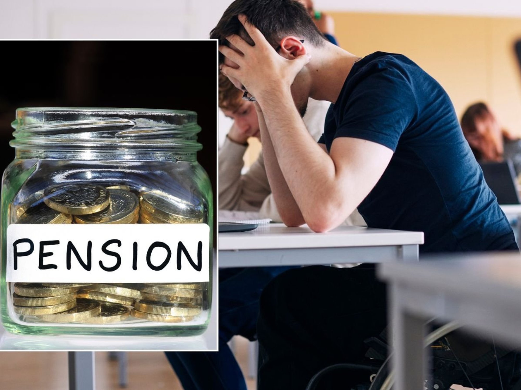 Man in wheelchair looking worried and pension savings pot