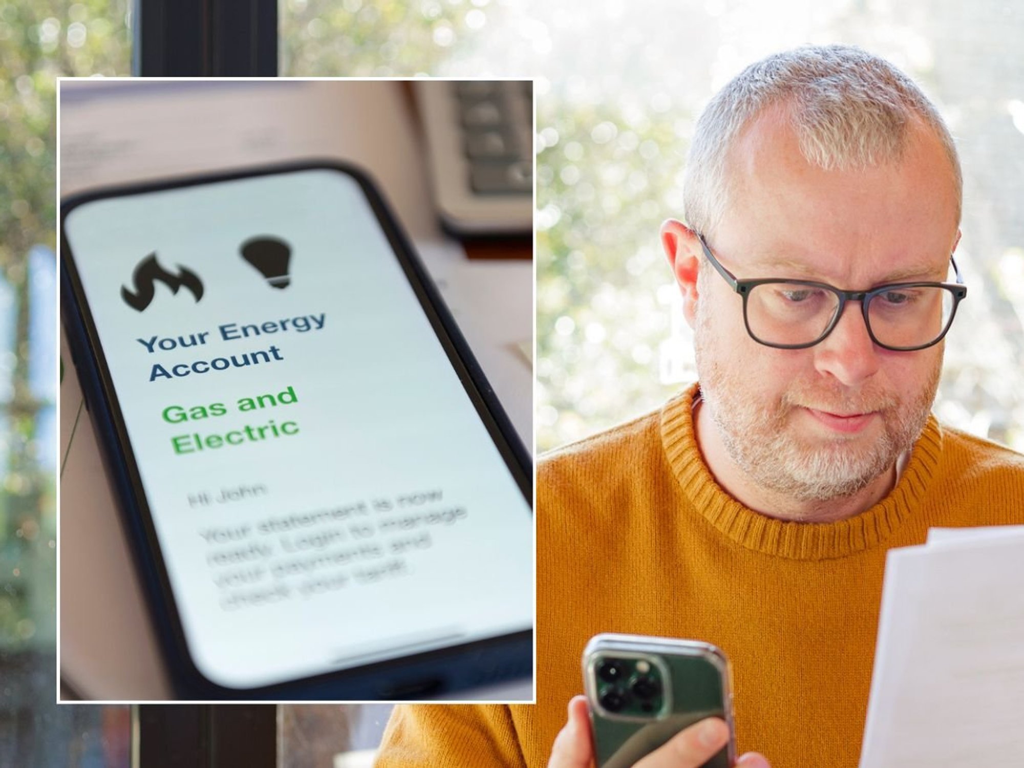 Man looking art form and energy bill account on phone