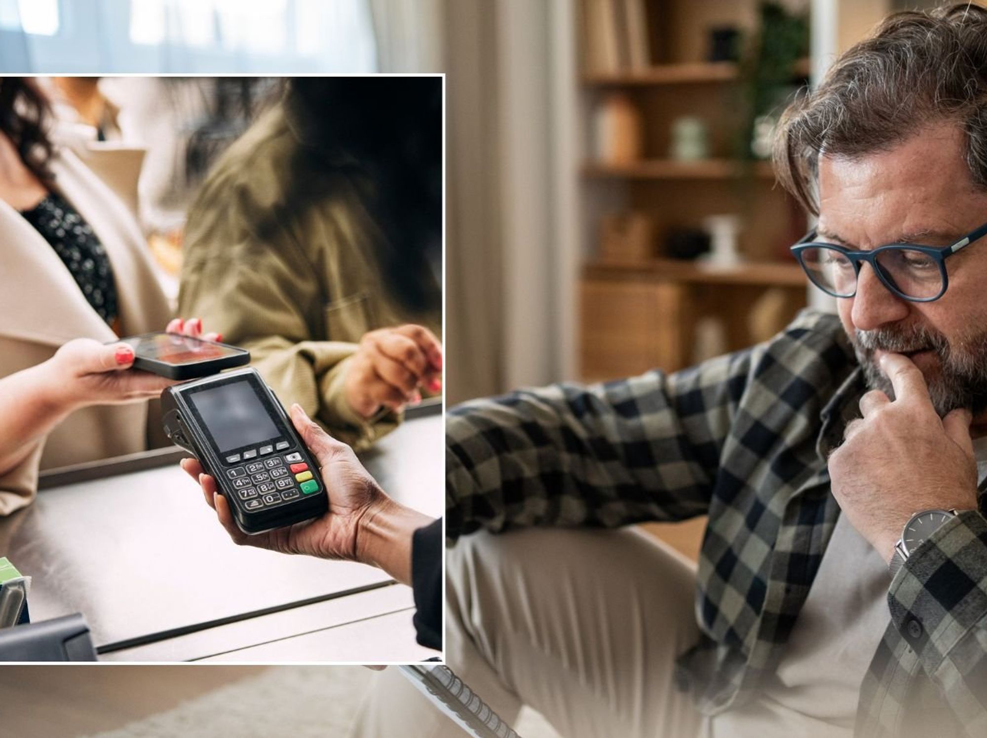 Man looking at bill and contactless payment