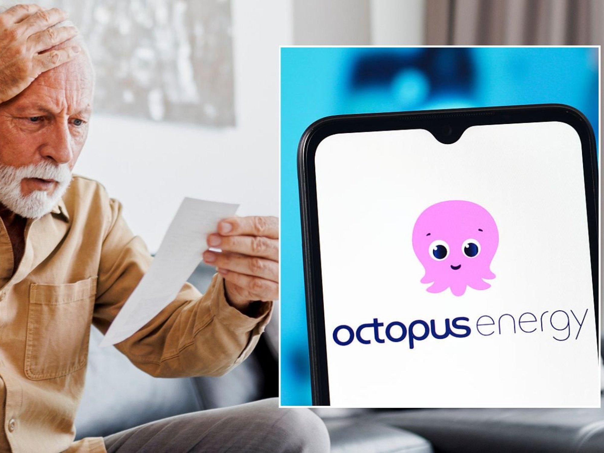 Man looking at bill and Octopus Energy logo