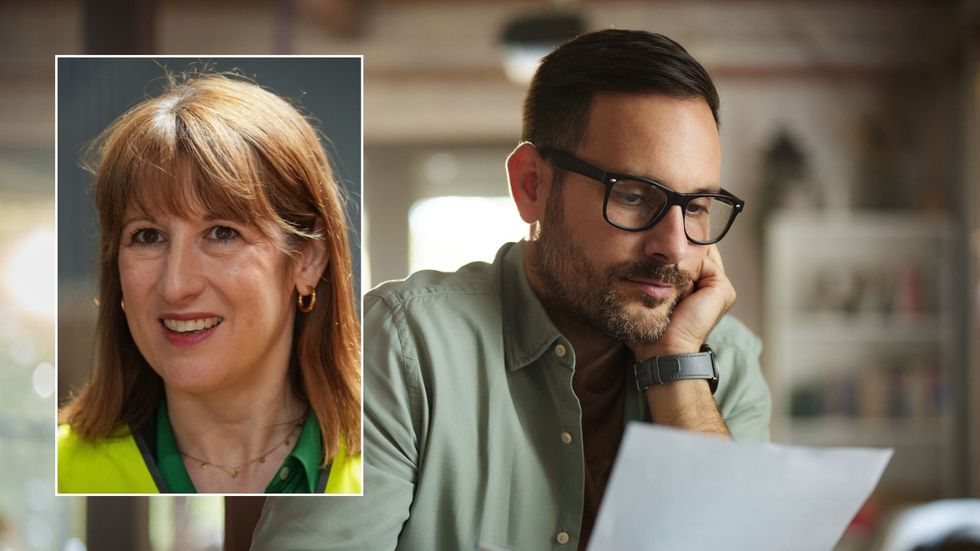 Man looking at bill and Rachel Reeves