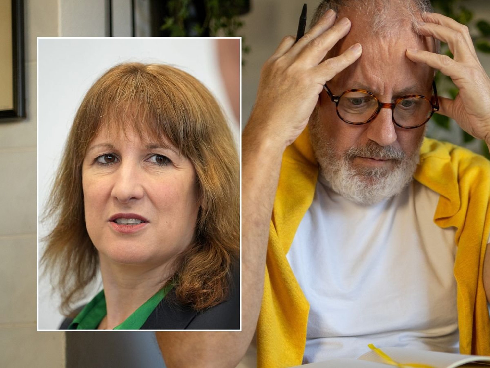 Man looking at bill and Rachel Reeves