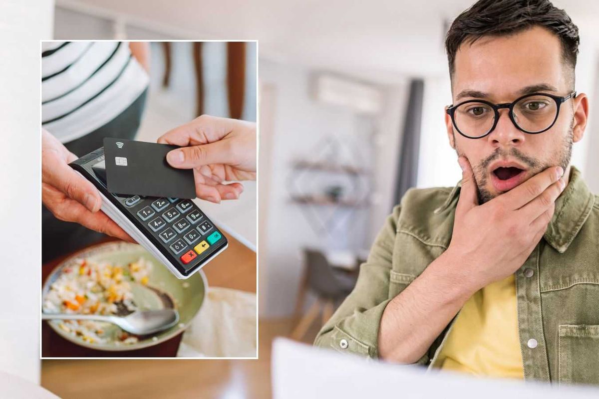 Man looking at bill and someone using a credit card