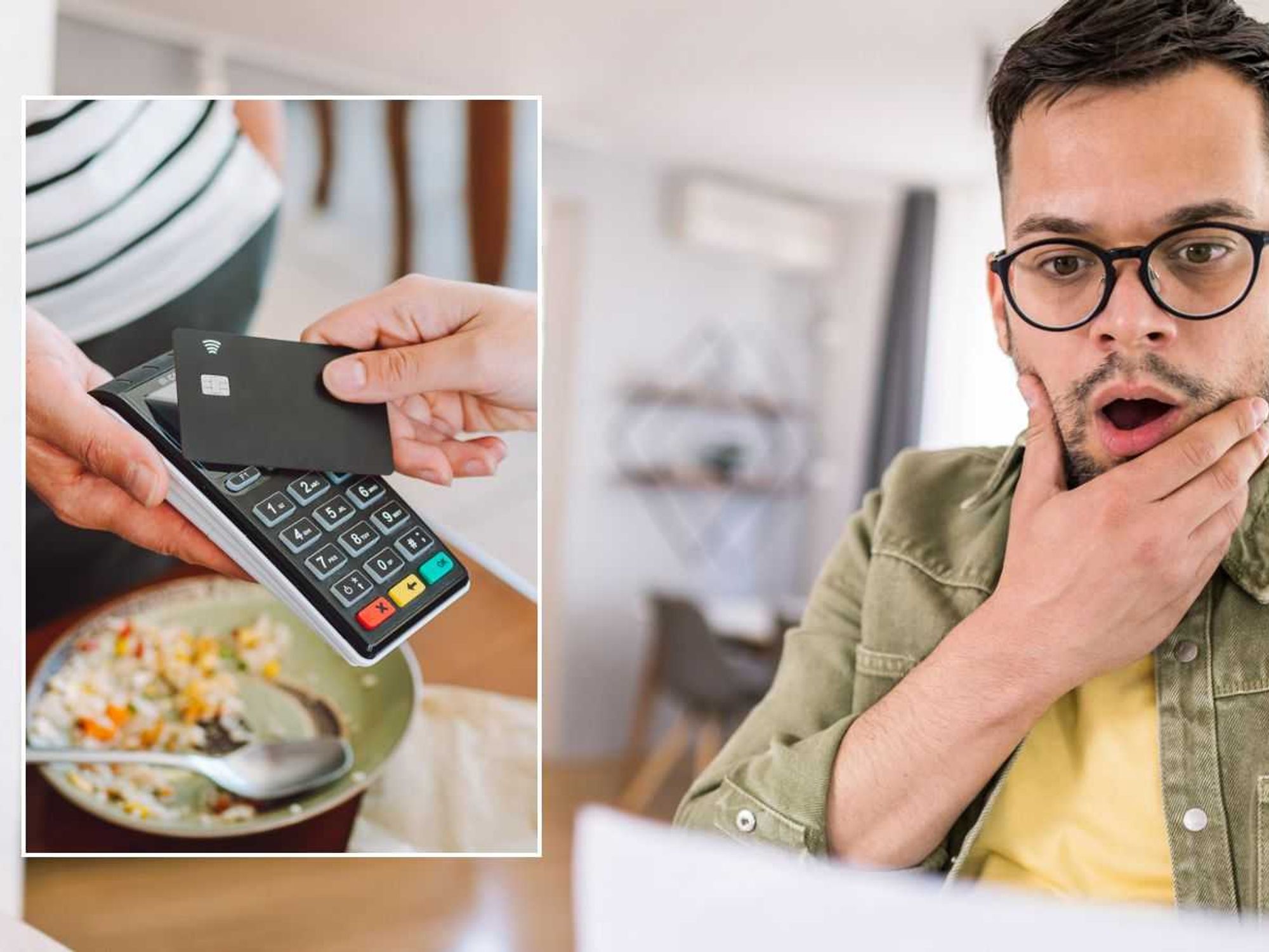 Man looking at bill and someone using a credit card