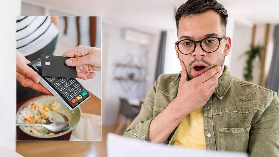 Man looking at bill and someone using a credit card