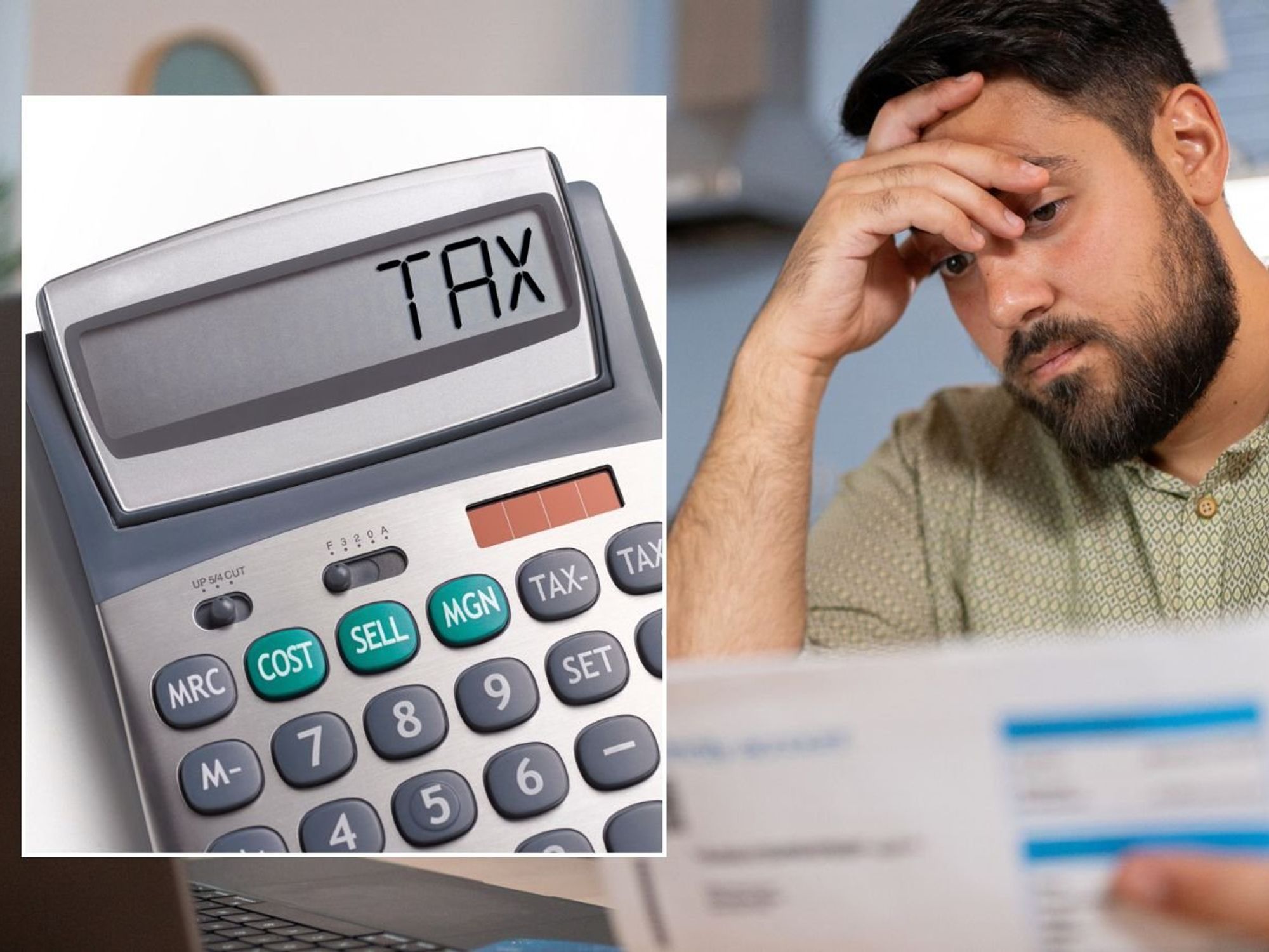 Man looking at bill and tax written on calculator