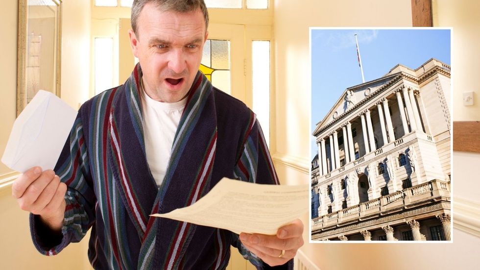 Man looking at bill and the Bank of England