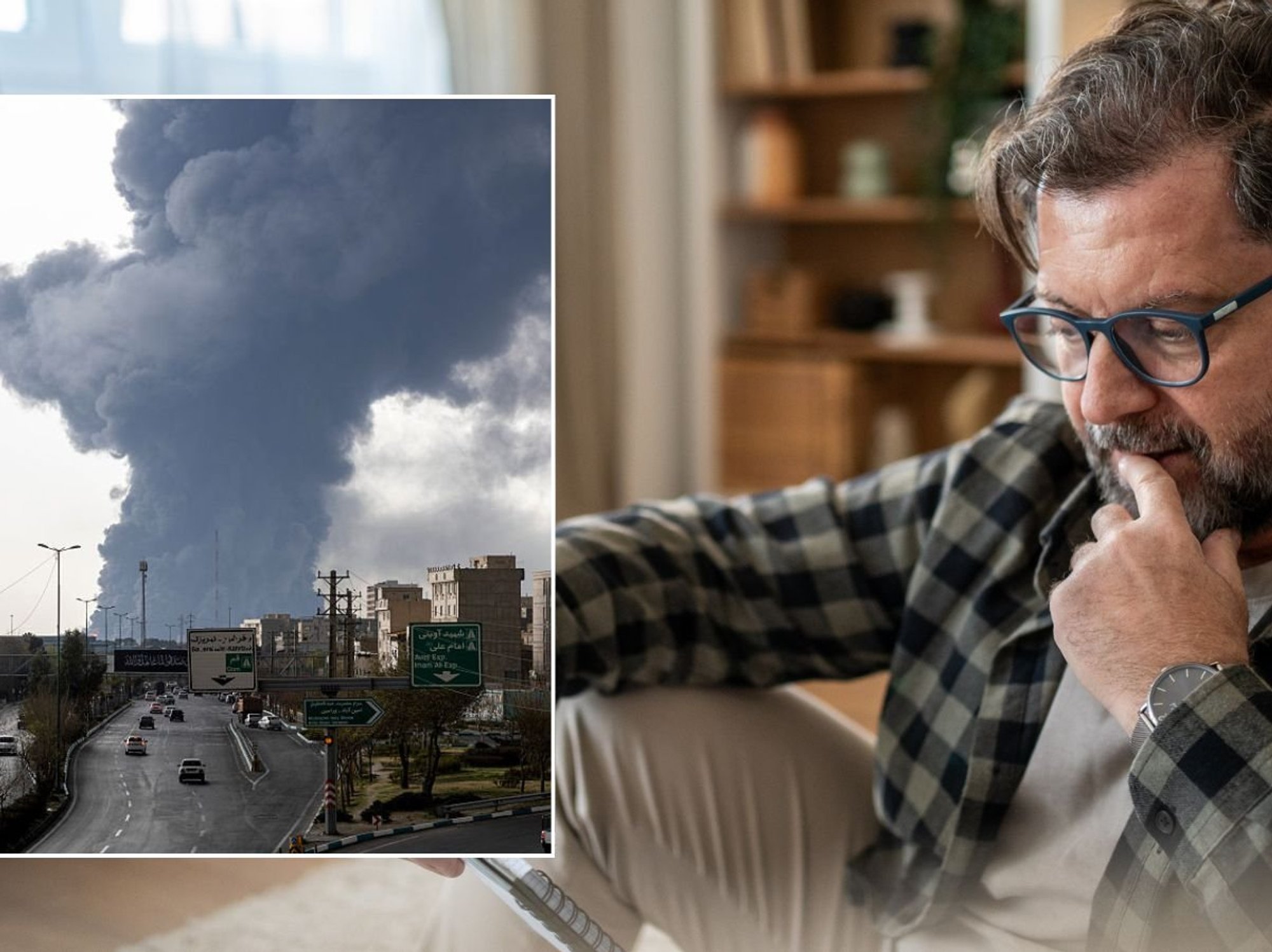 Man looking at bill and US strike on Tehran, Iran