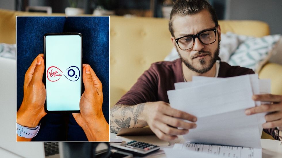 Man looking at bills and Virgin Media O2 logo