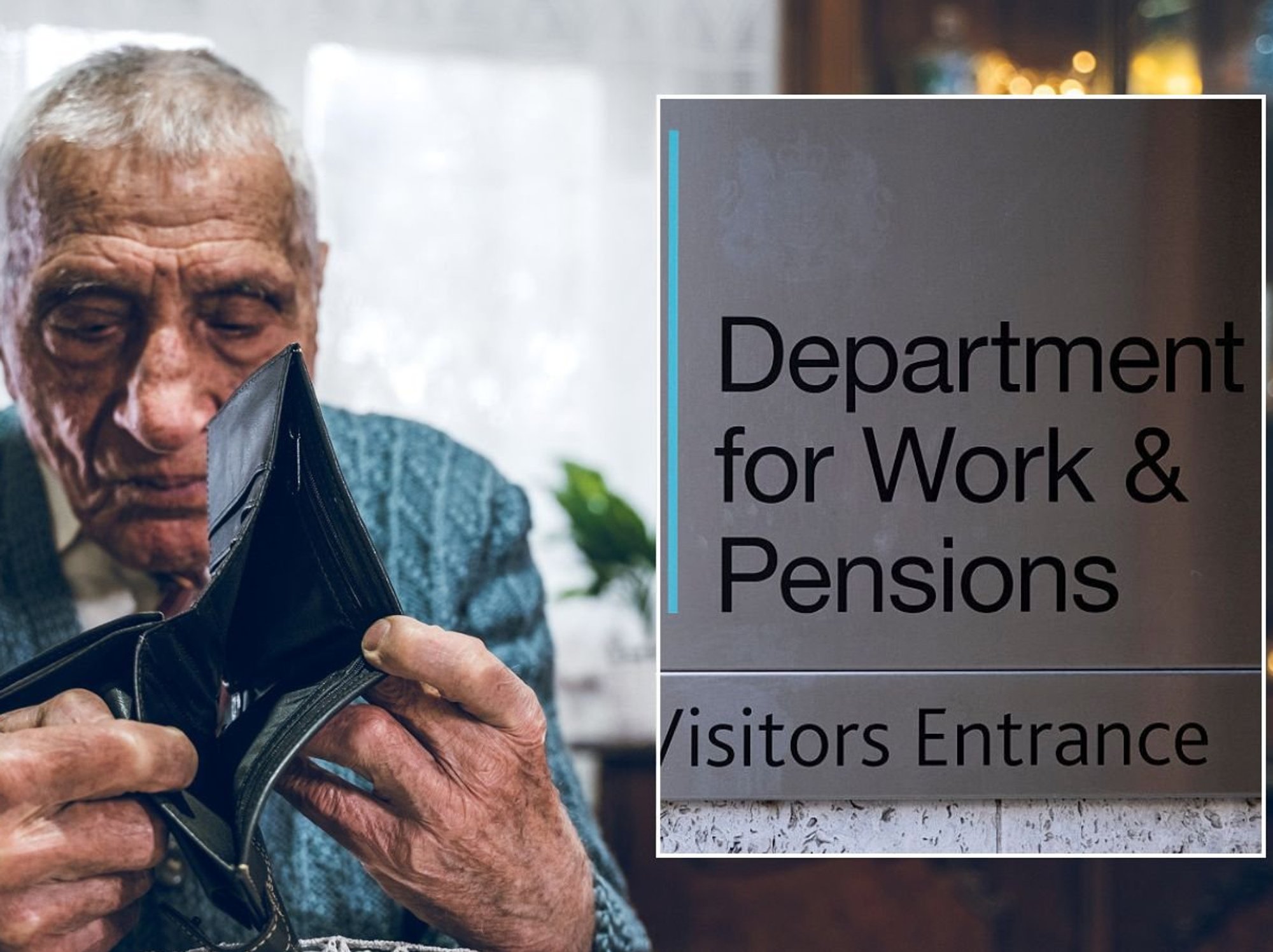 Man looking at empty wallet and DWP sign