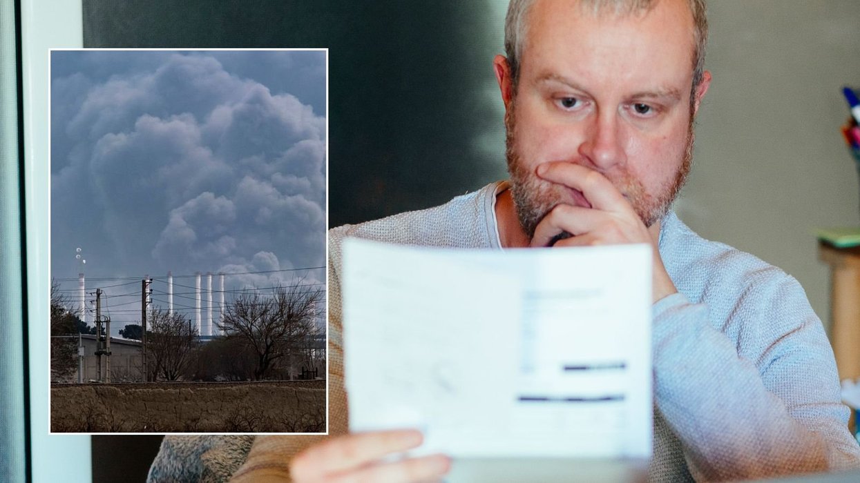 Man looking at energy bill and Iran oil refinery