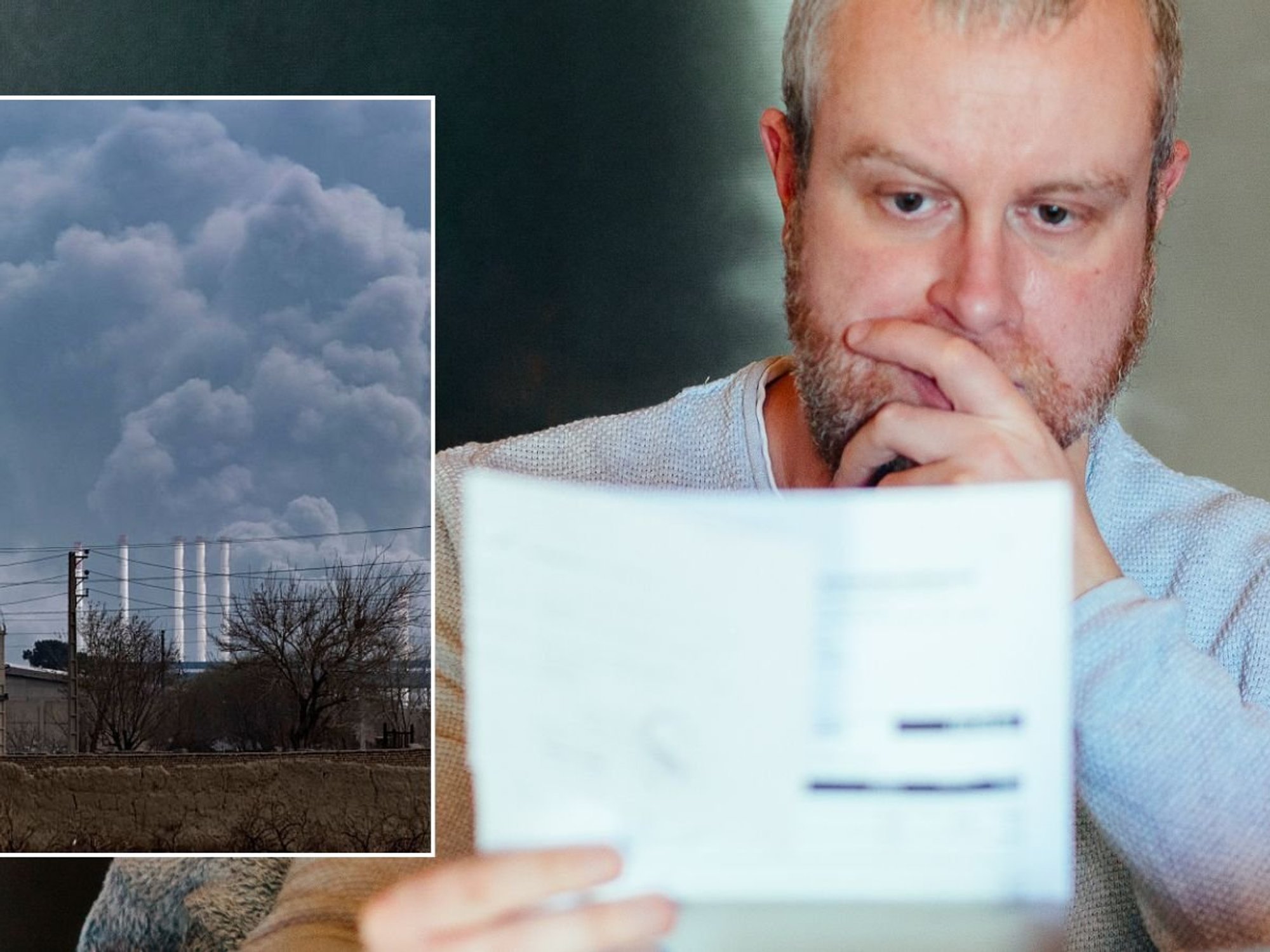 Man looking at energy bill and Iran oil refinery