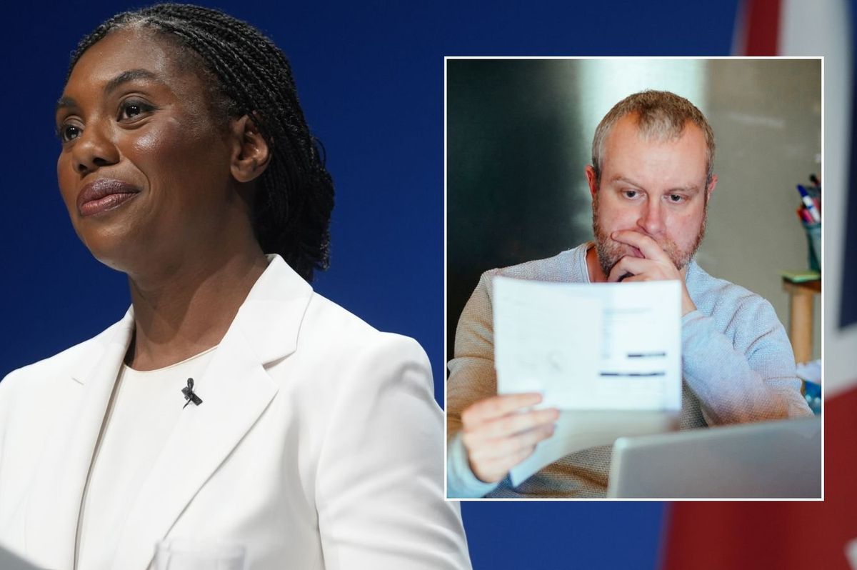 Man looking at energy bill and Kemi Badenoch