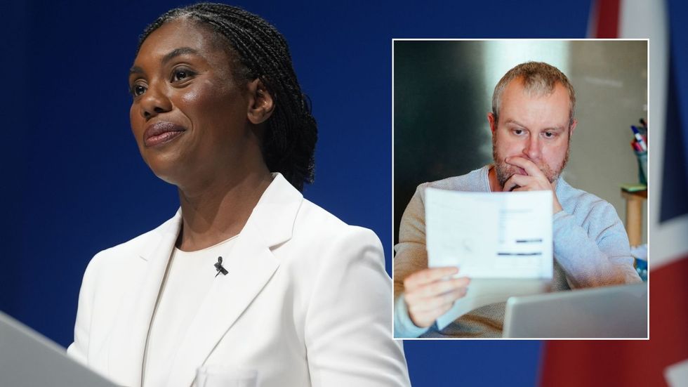 Man looking at energy bill and Kemi Badenoch