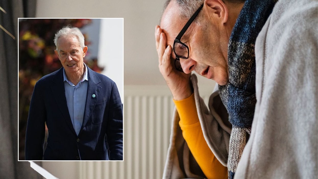 Man looking at energy bill and Tony Blair