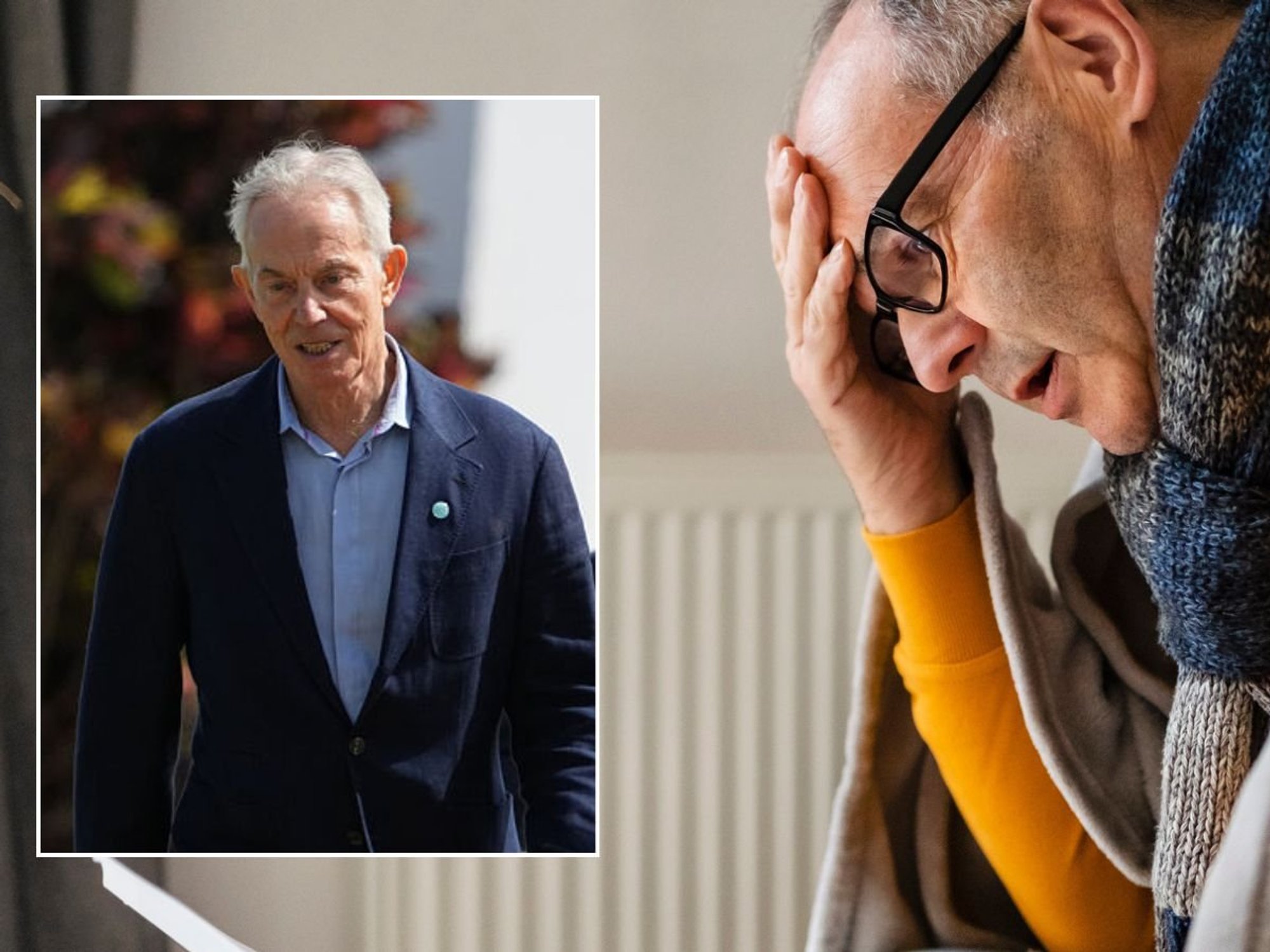 Man looking at energy bill and Tony Blair