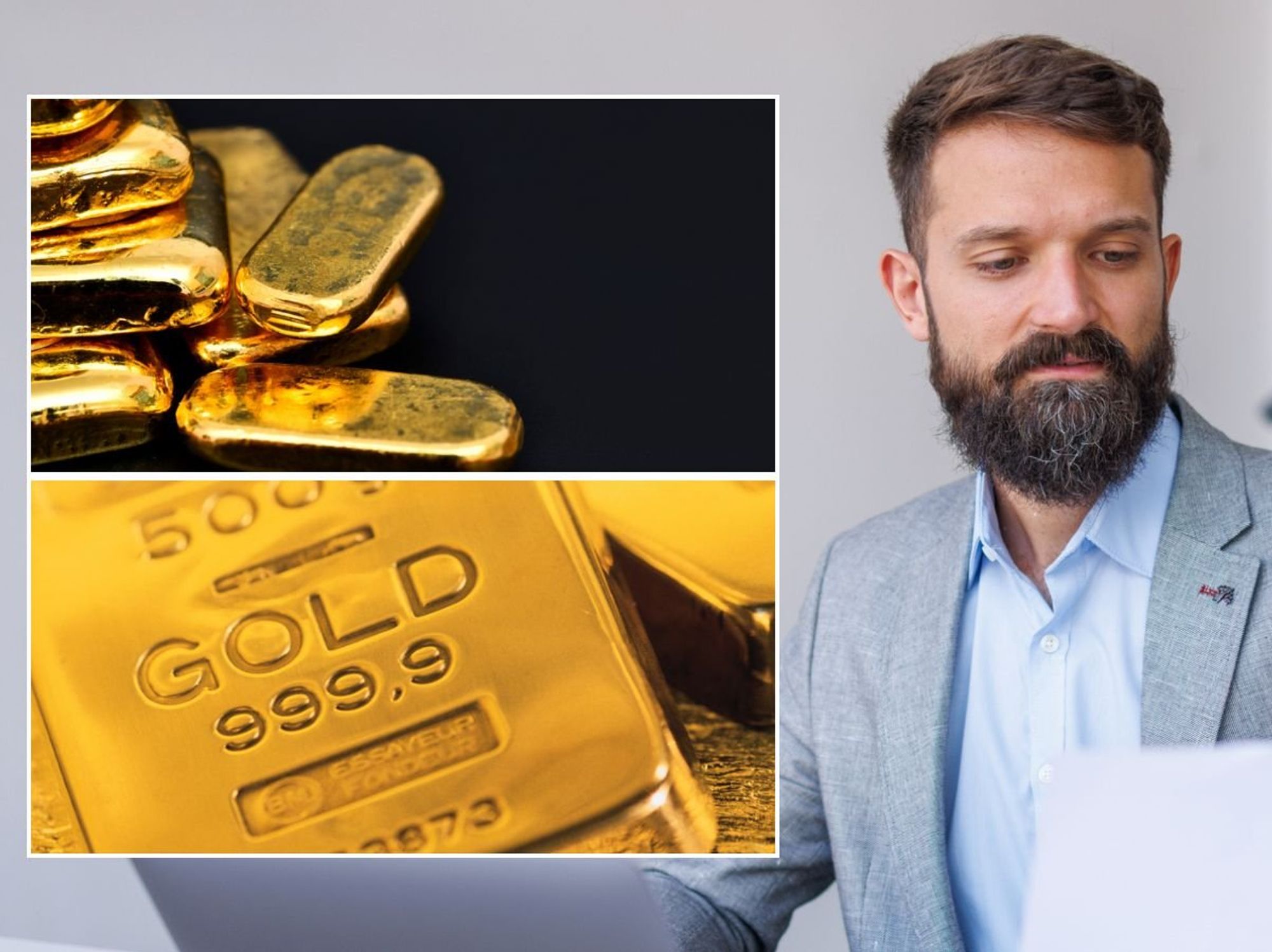 Man looking at finances and gold currency