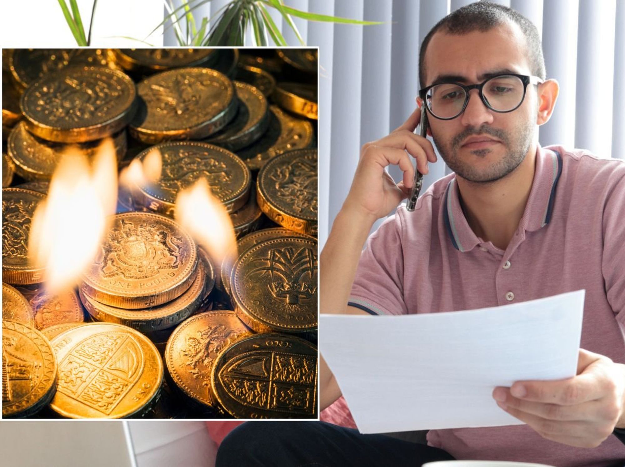 Man looking at finances, money burning