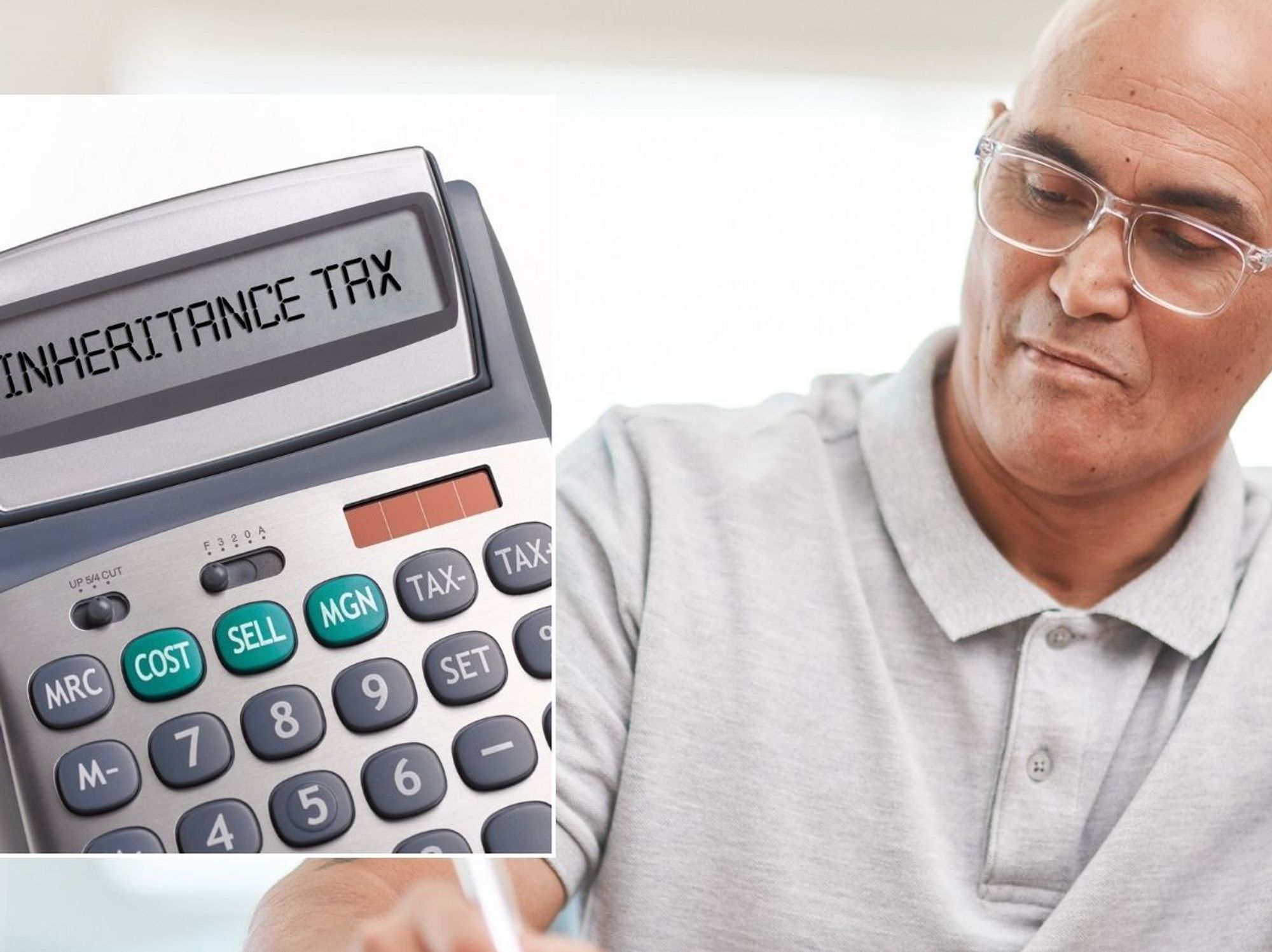 Man looking at form and inheritance tax on calculator