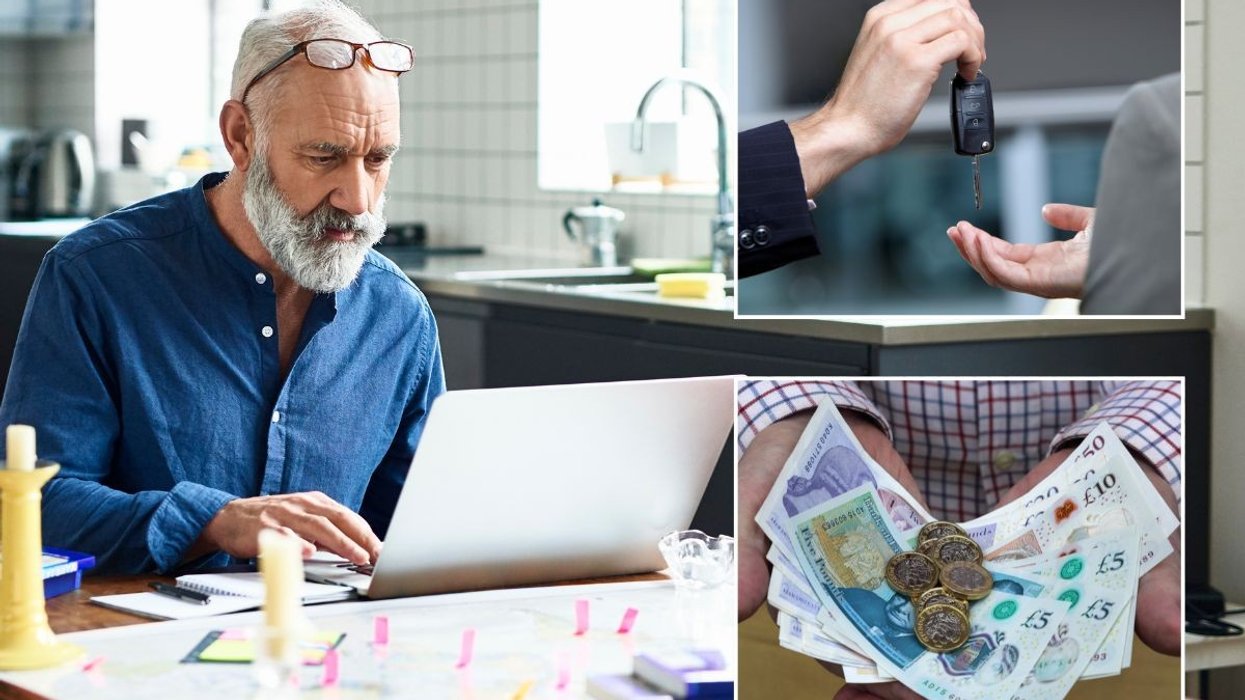 Man looking at his laptop, car keys being exchanged and a man holding money