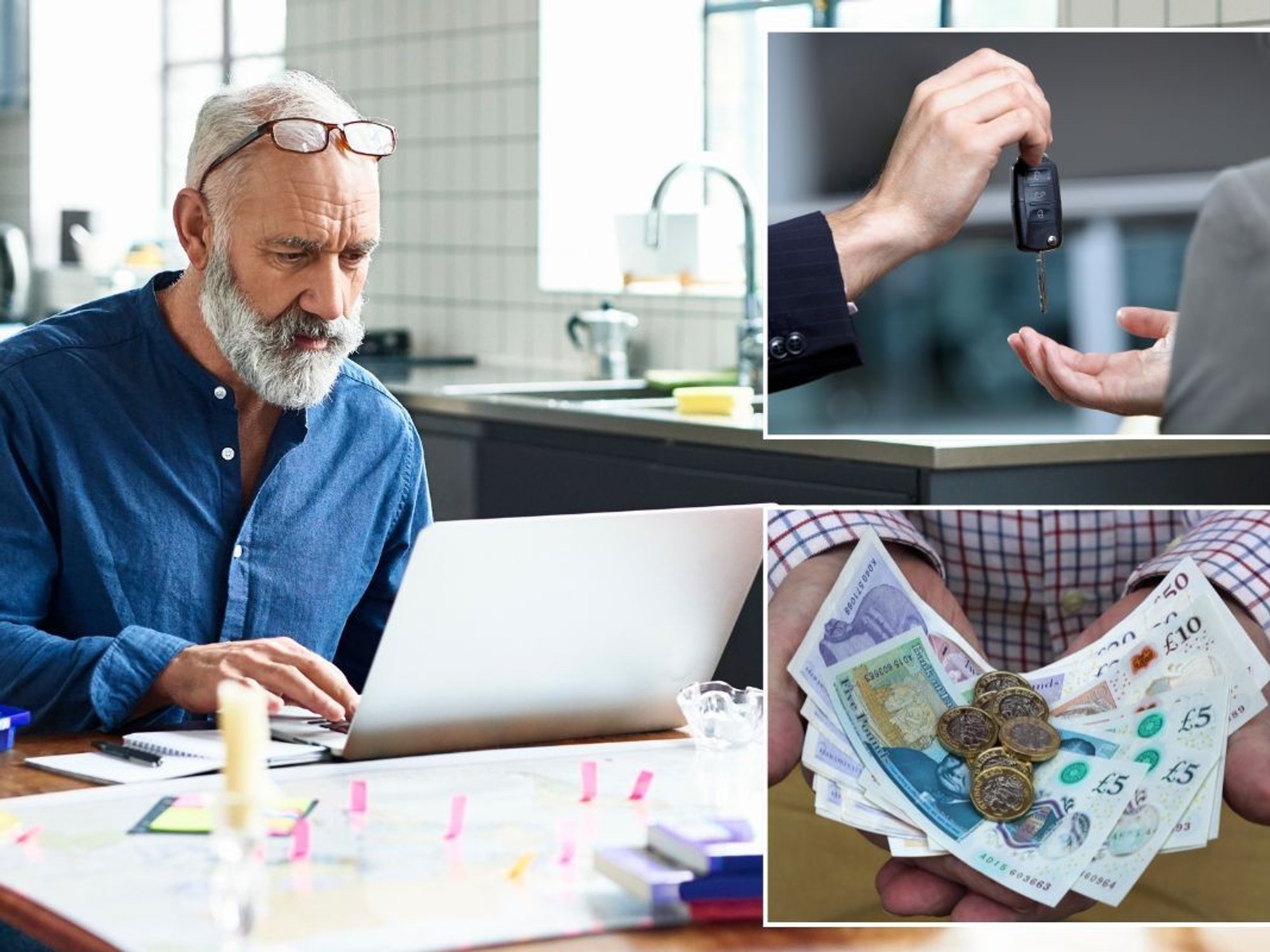 Man looking at his laptop, car keys being exchanged and a man holding money