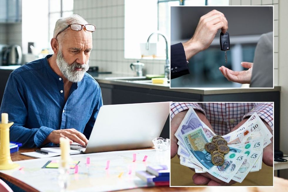 Man looking at his laptop, car keys being exchanged and a man holding money