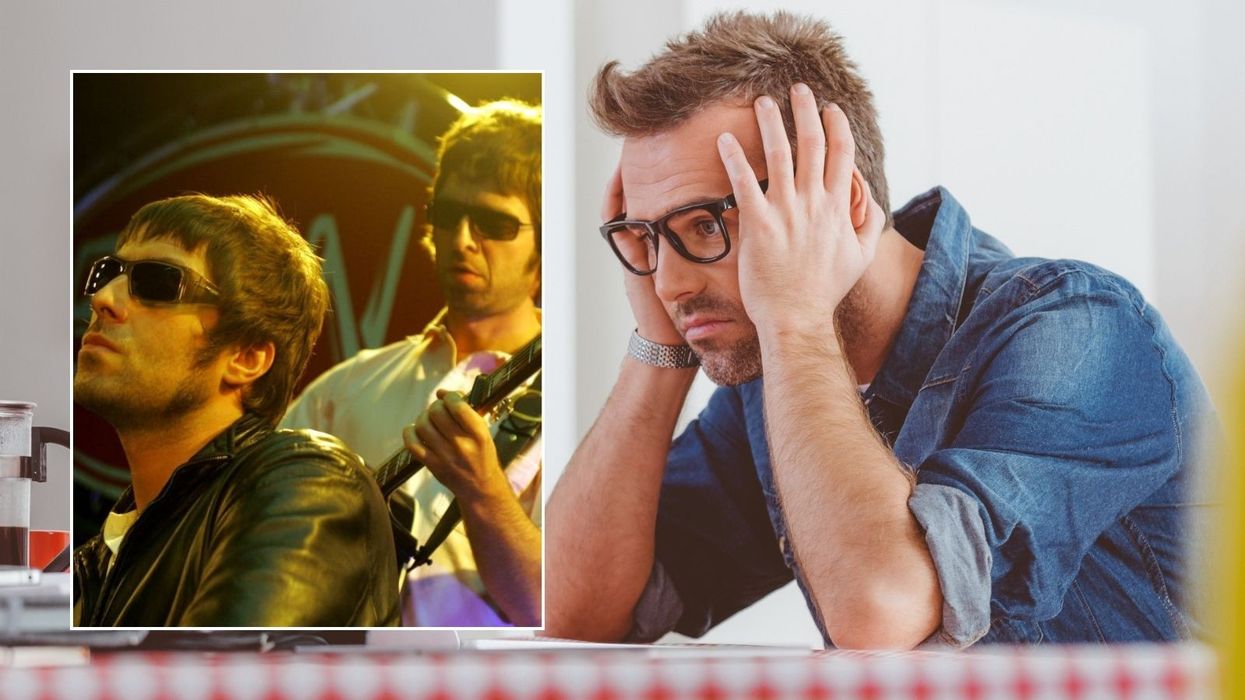 Man looking at laptop worried and Oasis at concert