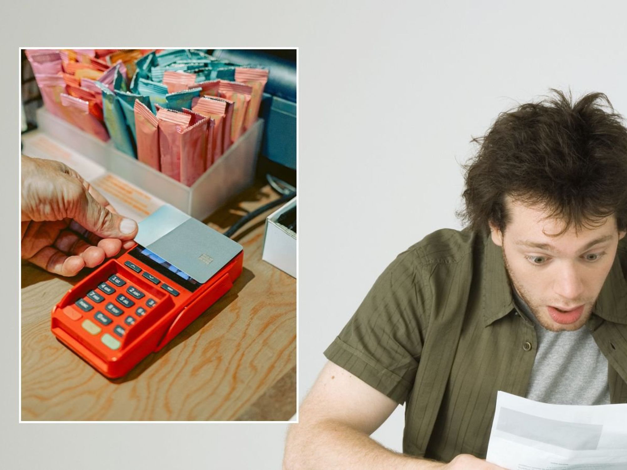 Man looking at letter and contactless card payment