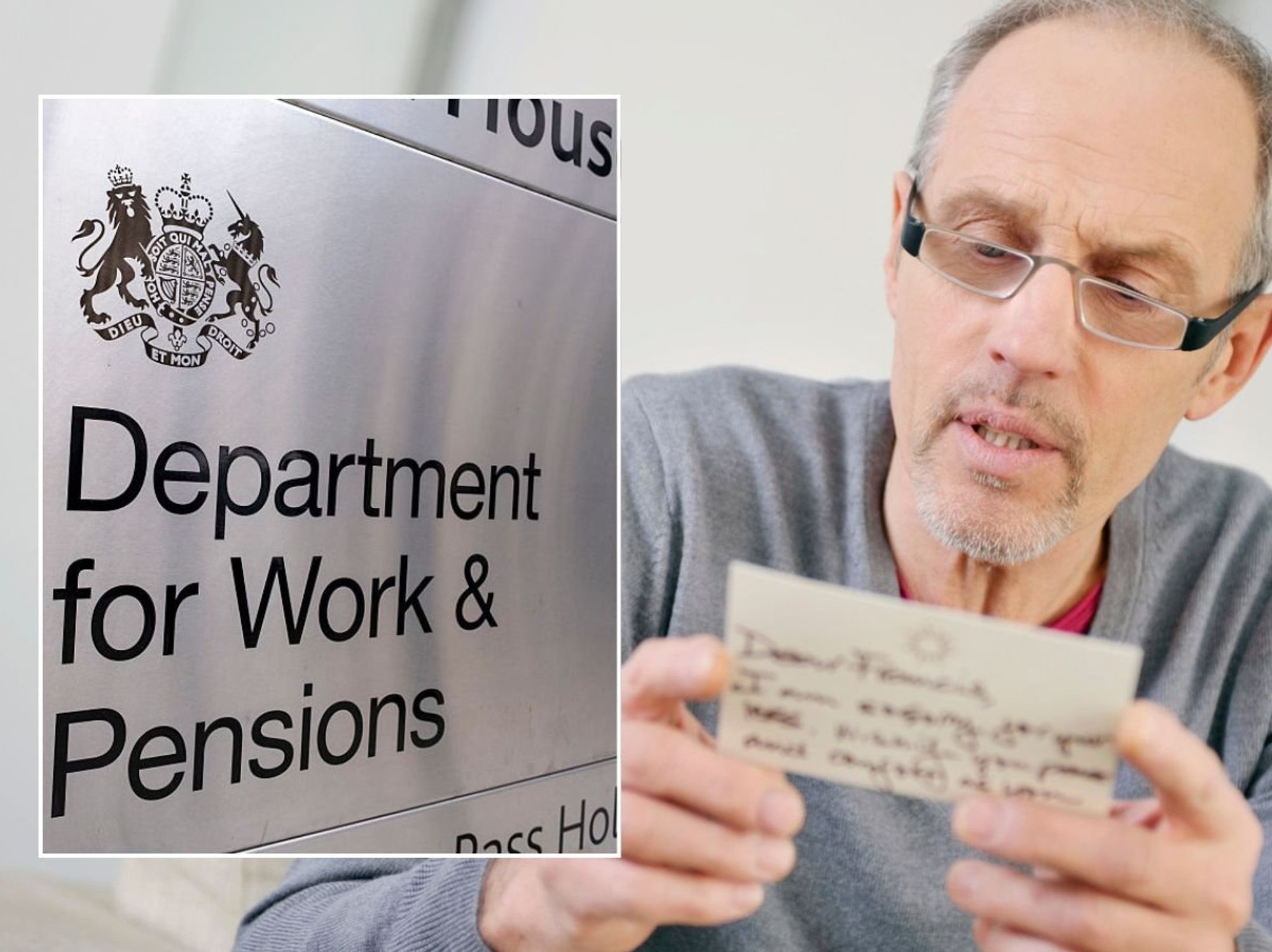 Man looking at letter and DWP sign