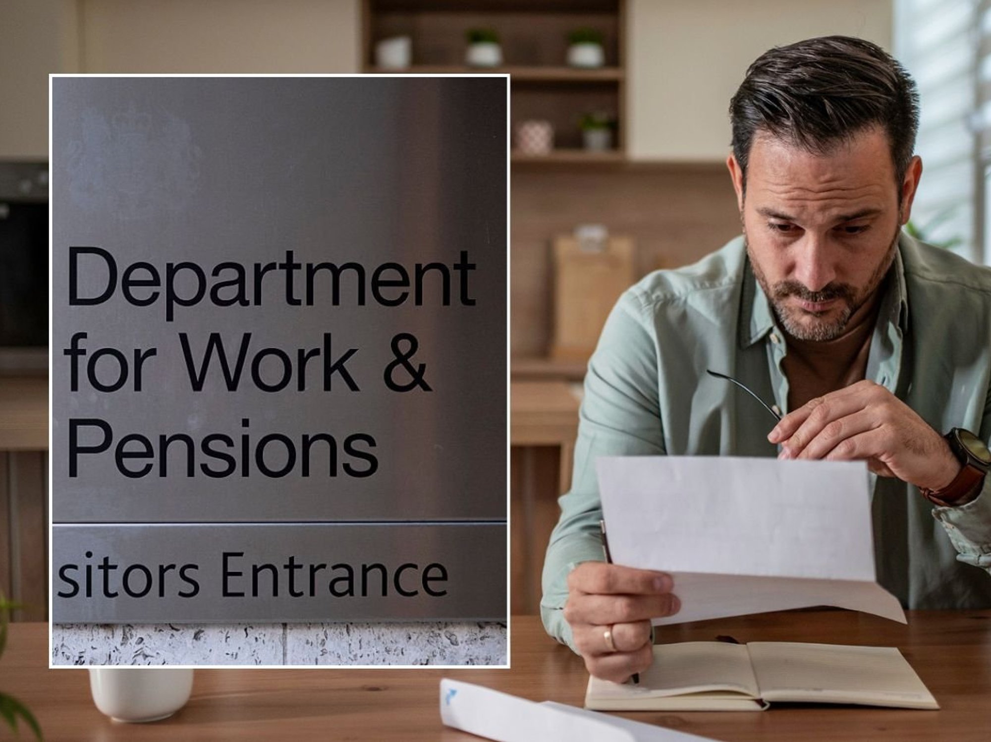 Man looking at letter and DWP sign