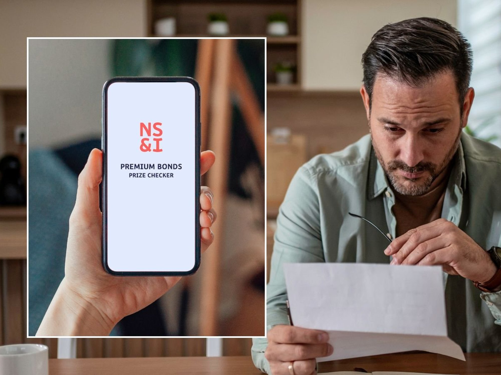 Man looking at letter and NS&I Premium Bond checker